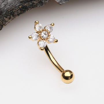 Detail View 1 of Golden Glistening Flower Sparkle Curved Barbell-Clear Gem